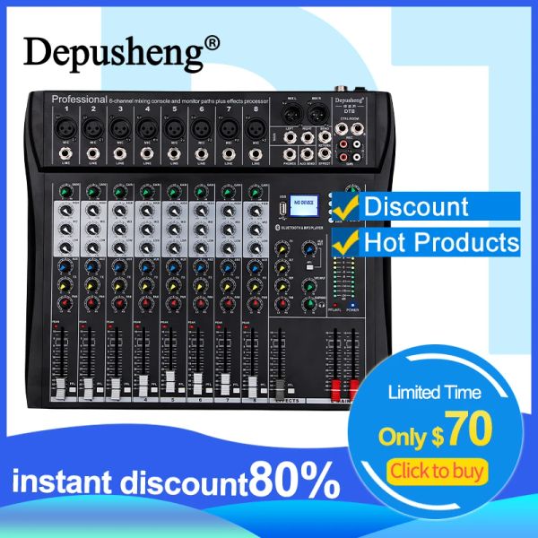 Усилитель Профессиональный аудио -звуковой миксер Depusheng DT8 8/12 канал Bluetooth USB 48V Phantom Mixing Console для PC DJ Усилитель Караоке