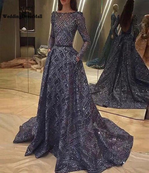 Mangas compridas Glitter Navy Blue Backless Arabic Dast Dress Dubai Vestidos de noite