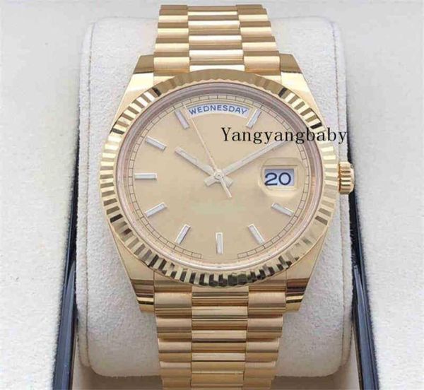 Documentos de caixa com VVS1 Relógio de alta qualidade de 40 mm Daydate pridente 18k Gold Yellow Japan Movimento automático masculino