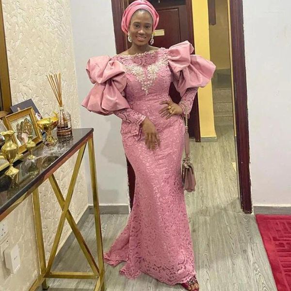 Partykleider ASO EBI -Stil rosa Spitzen -Prom -Kleid Mermaid Rüschen Langarmes Abendkleider Afrikanische Frauen formelle vestidos de fiesta