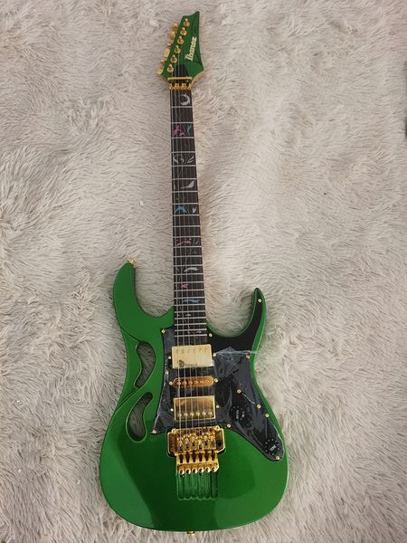 Guitarra elétrica em pó de prata verde de alta qualidade, acessórios de hardware dourado, alça dupla I Banna, em estoque, entrega rápida, suporte para personalização