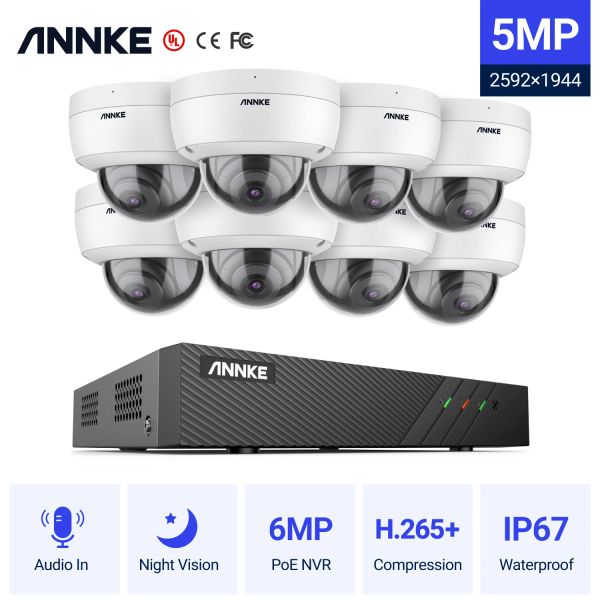 Sistema Annke 8CH FHD 5MP POE Network Video Security Sistema H.265+ 6MP NVR con fotocamere Poe di sorveglianza impermeabile 8x 5MP con audio in