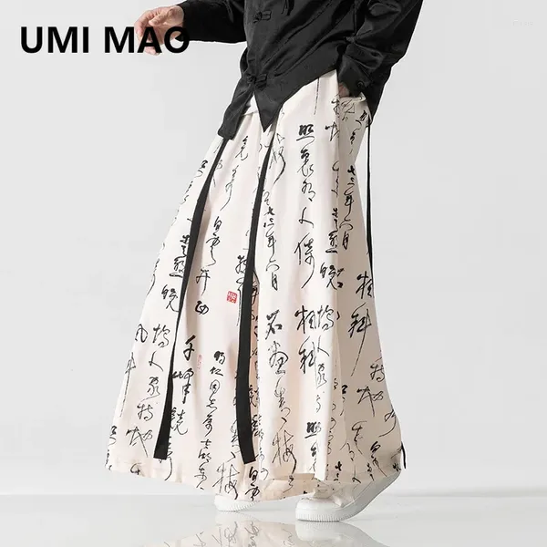 Calças masculinas Umi Mao 2024 Estilo chinês Casual Print Print pernas larga harém masculino Hold Hanfu Saias