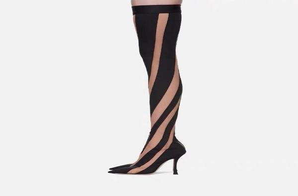 Fashion T Mostra stivali da calza tallone sottili mesh tagliato stivali slim slim traspilabili da donna scarpe lunghe9140291
