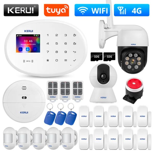 Kits kerui w204 4g gsm wifi tuya smart home alarm system kit sem fio alarm screate controle câmera controle de sirene autodial sirene sensor