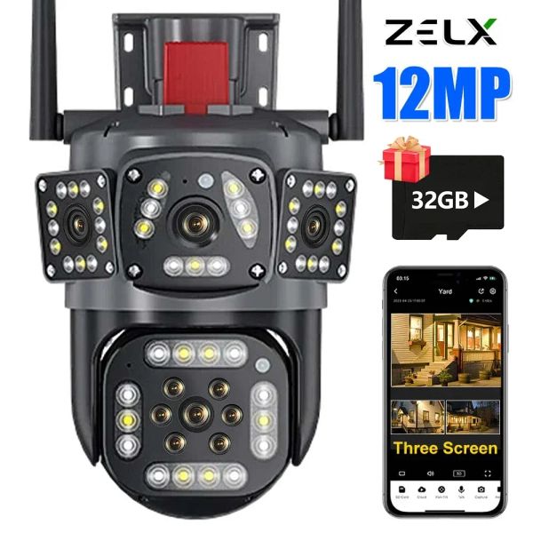 CAMERAS 12MP 6K Camera IP WiFi per esterni a tre schermate HD PTZ Sicurezza Cam AI Motion Tracking Night Vision 4K 8MP Video Surveillance CCTV