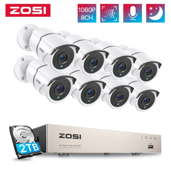 Sistema Zosi 1080p 8Cannel Video Security System com áudio, 5MP Lite TVI CCTV DVR, 8X 2MP Câmeras de vigilância de balas internas externas