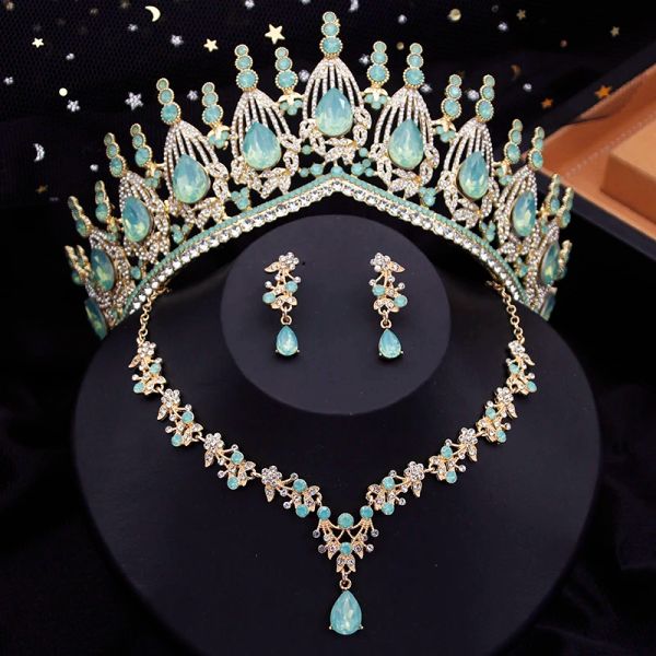 Set set di gioielli da sposa a corona blu per donne orecchini da collana tiara opal