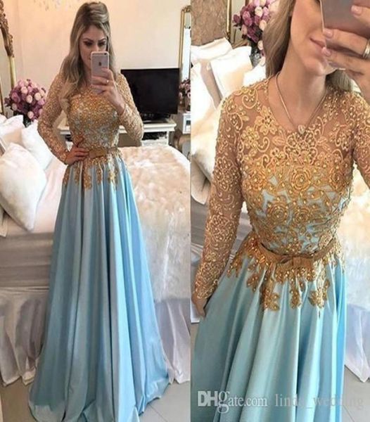 2019 Günstige Langarmabendkleid neueste ozeanblaue Arabische Dubai eine Linie formelle Feiertagsbekleidung Prom Party Kleid Custom Made S7718741