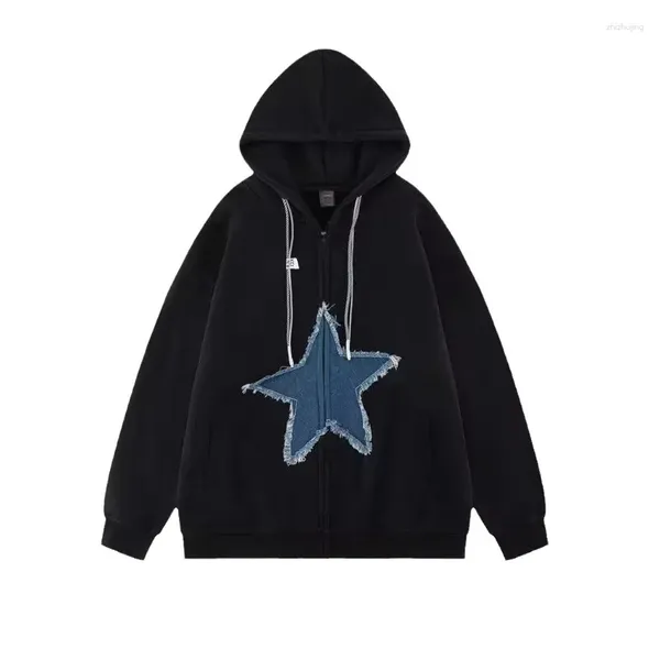 Damen Hoodies Kpop 5-Sterne-Aufkleber Kapuzepullover Herbst und Winter Plüsch Loose Retro Star Y2K Harajuku 90er Mädchen Übergröße Paar Street