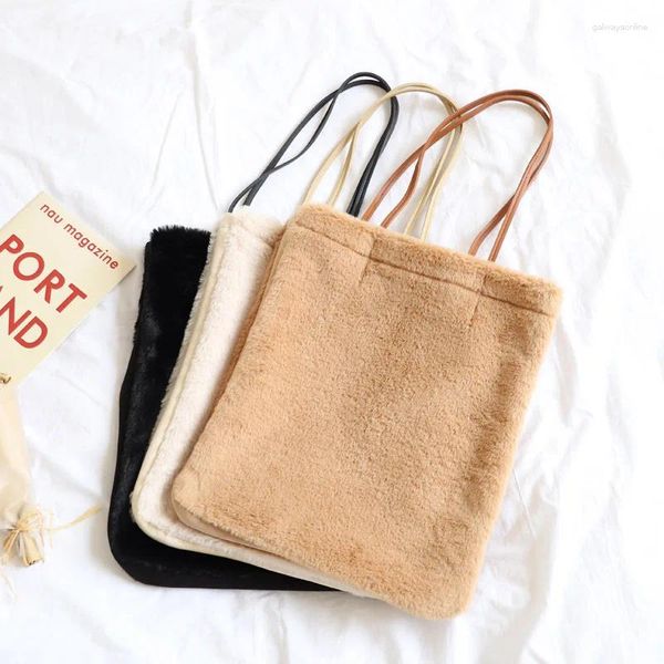 Bolsas de ombro, bolsa de pelúcia, moda de inverno marrom simples bolsa de compras pura raiz dupla