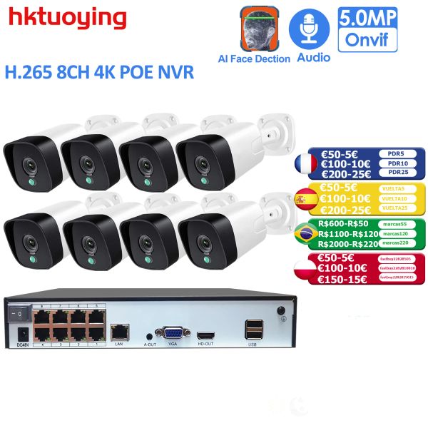Sistema H.265+ 8CH 5MP Câmera de segurança Poe Sistema NVR Kit de áudio RJ45 Câmera IP IR Ir Outdoor à prova d'água CCTV Detecção de face