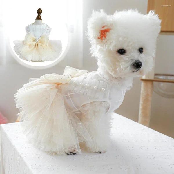 Vestido de pet-tenes de vestido de estimação para cachorro princesa malha multi-camada com decoração de pérolas de arco para cães médios pequenos fáceis