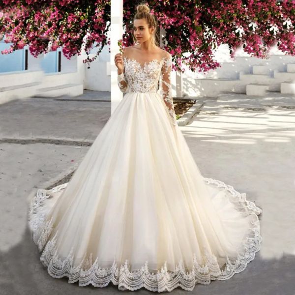 Vestidos Aline Vestres de noiva 2020 Vestidos de Novia Tulle Apliques de manga longa de renda COR DA COR DA COR