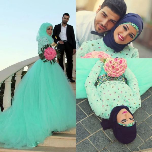 Vestidos árabes dubai menta menta verde muçulmano baile vestidos de pescoço alto lace miçangas cristal