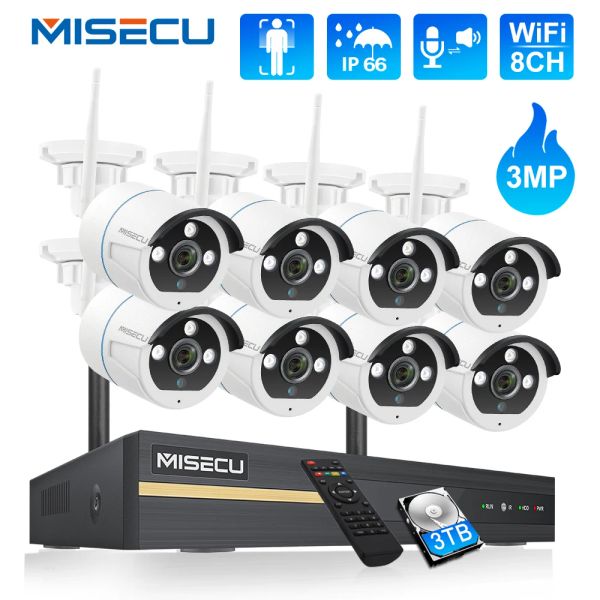 Sistem Misecu H.265 8CH 3MP Kablosuz Gözetim Kamera Sistem Kiti Alaram Sistem İki Yolcu Ses Secur Kamera WiFi Video NVR CCTV Sistemi