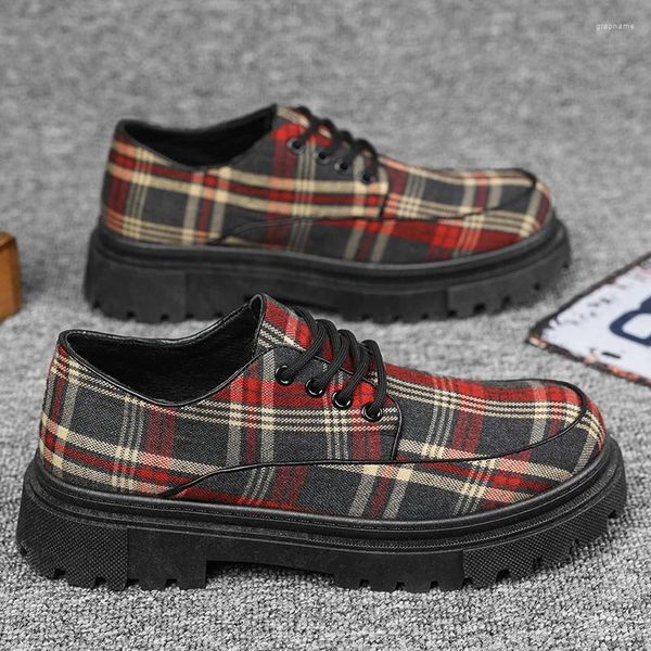 Scarpe casual retrò plaid rosso per uomo altezza della piattaforma comoda aumentando la pizzo in pelle zapatos hombre