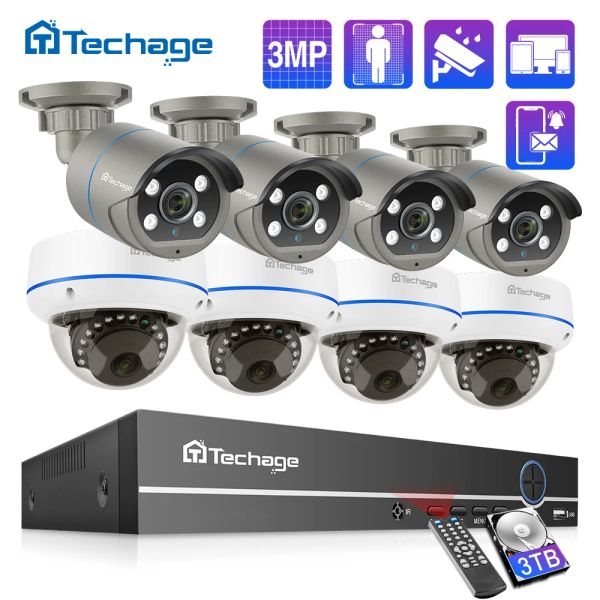 Sistem Techage 8CH HD 3MP POE NVR Güvenlik Kamera Sistemi Ses Kaydedici İnsan Algılama Açık Kapalı CCTV Video Kamera Gözetim Seti
