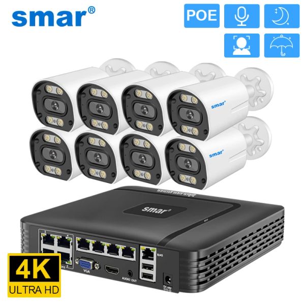 Sistema SMAR 4K 8MP Poe Security Camera System 8CH P2P Kit de vigilância de videoclipe Audio Recording AI Detecção de face Color Night Vision ICSEE