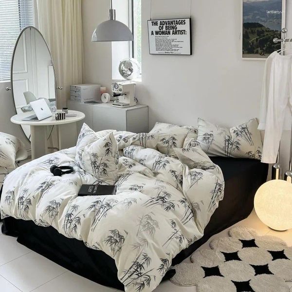 Bedding Sets Cotton Cotton Original Ecology Set White Conjunto chique Black Bamboo Tampa de edredão impressa travesseiro de lençol super respirável 4/7pcs