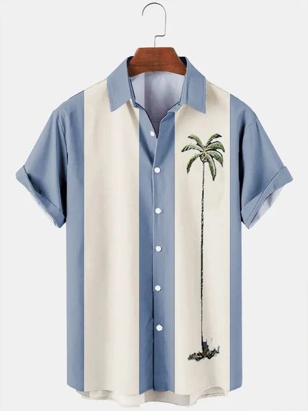 Camisa havaiana para homens verão 3d coconut árvore estampada férias listradas mangas curtas tamas camiseta de grandes dimensões Casual Men Shirt 240323