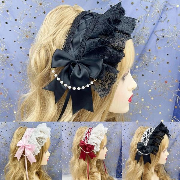 Party liefert Lolita süße Spitzenblume Quasten Wide Hair Hoop Ribbon Bogen Haarband mit Haarnadeln gekräuseltes Stirnbandzubehör