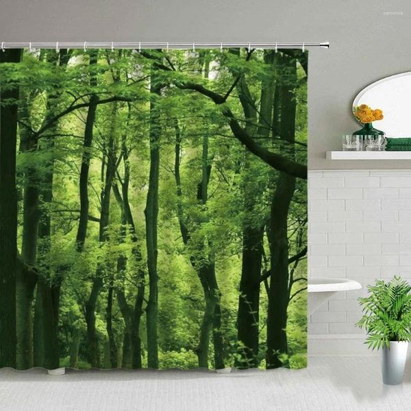 Tende per doccia foresta pianta paesaggio primaverile paesaggio impermeabile animale lupo verde foglia cascata scenario arredamento decorazioni per bagno