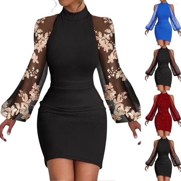 Lässige Kleider durchsichtige Mesh Patchwork Frauenkleid elegant Off Schulter Bodycon Shath Party Herbst Sexy Club Slim Bleistift Robe