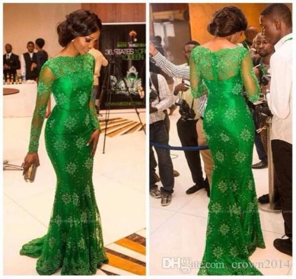 Elegante Emerald Green Lace Mermaid Prom Kleider mit langen Ärmeln schiere Nacken Trompete Promi roter Teppich Miss Nigeria Abend für 1654936