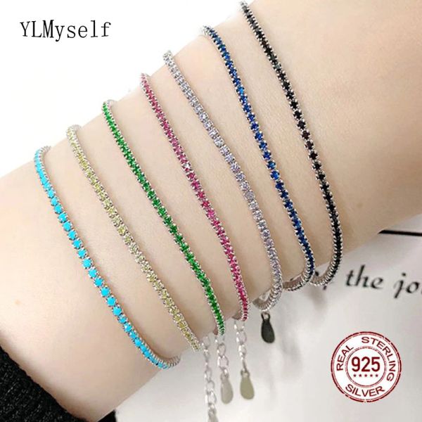 Pulseira pura de tênis de prata pura Pavimentação de 1,5 mm de rubi/lt azul/turquesa/montana/branco/jato/rosa/dourado/verde cor de zircão real 925 jóias