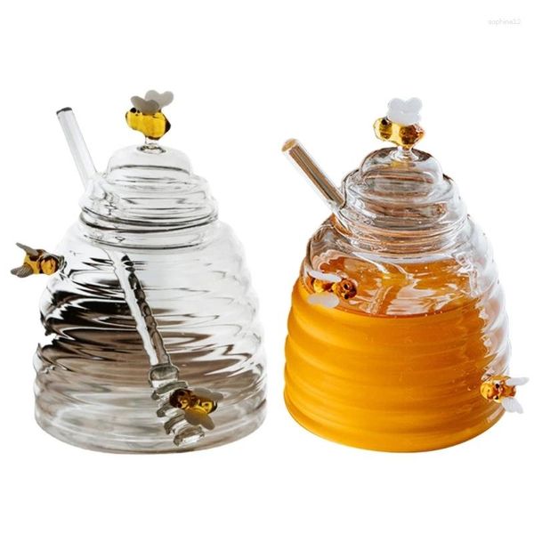 Garrafas de armazenamento Honeycombs Bees Jar Glass Honeys com tampas de bastão por atacado