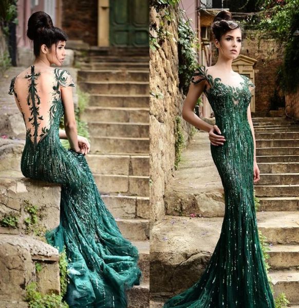 2015 Rami Salamoun Kleider Grüne Prom Kleider Meerjungfrau Scoop Cap Sleeves By Rücken formelle Kleider Luxuskristall Perlen Abend DRES3932536