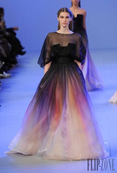 Zarif Elie Saab Ombre Pleats Gece Elbise Aline Sheer Crew Boyun Yarım Kollu Akşam Elbiseleri Prom Dress5284107