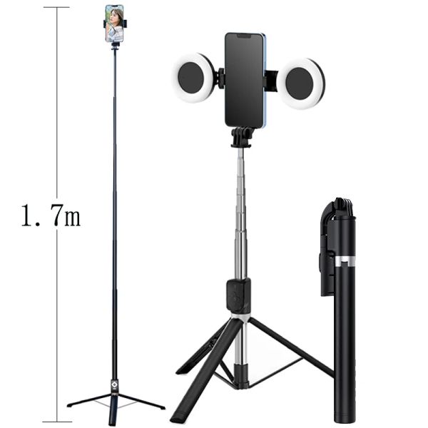 Monopods 1,7m extensível Tripod Selfie Stick Support Anel LED Ring Dual Light Mirror Stand 4 em 1 Montagem de telefone para iPhone x 8 11 Android