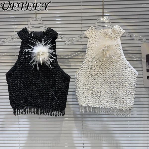 Camisoles Tanks 2024 Spring Elegant Socialite Pailletten Reißverschluss Kurzer Außenverschleiß Weste plissierte helle Seidenhalter Spaghetti -Gurte Tanktop