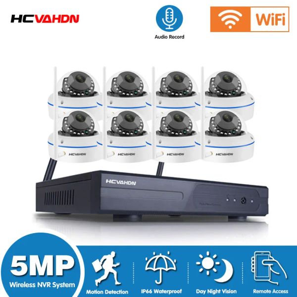 Sistema sem fio CCTV Sistema 5MP 8CH NVR NVR Outdoor Vandalproof WiFi Dome Câmera Conjunto de áudio Registro CCTV Kit de vigilância de segurança da câmera IP