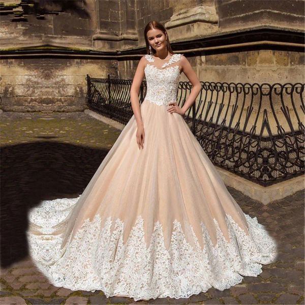 Kleider Vintage Lace Champagner Hochzeitskleid mit Farbapplikationen Spitzenböden Tulle Online -Shop Brautkleider Vestido de noiva