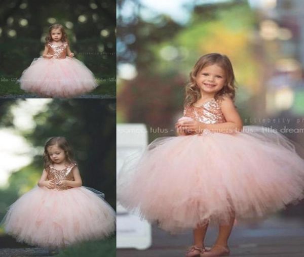 Paillettes oro rosa blush tutu flower Girls Dresses gonna gonfia a tutta lunghezza piccola festa di nozze infantile Comunione Forml dres1260113