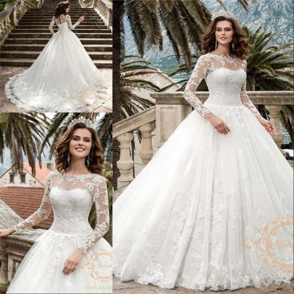 Vestidos Apliques de alta qualidade Tule Mangas compridas Vestido de noiva Corset Robe de Mariee Princesa Graceful A linha Vestidos de noiva 2020 NE