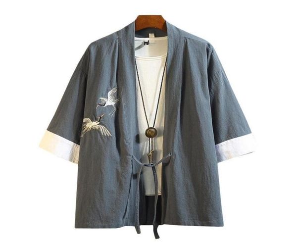 M5XL Japanische Streetwear Kimono Shirt Männer Chinese Drache Stickerei 34 Ärmelkragen ohne Hemden Baumwollbüro Kleidung xxxxxl4731326