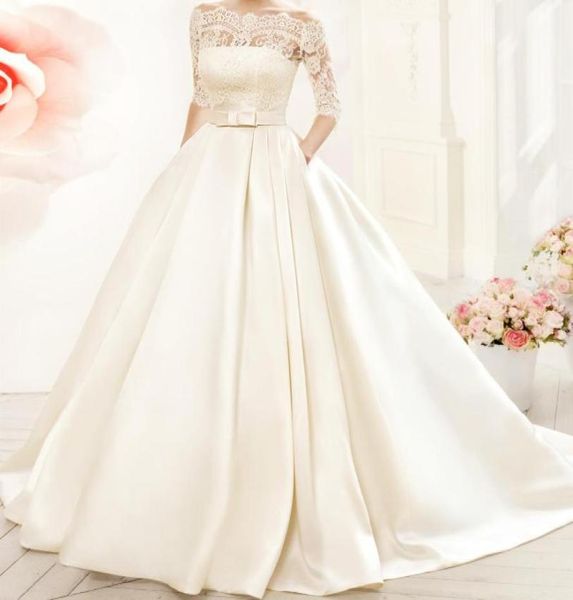 Abiti da sposa in pizzo a ballo a buon mercato da spalla Abito da sposa a mezza manica abiti da sposa in stock pronti per la nave1169058