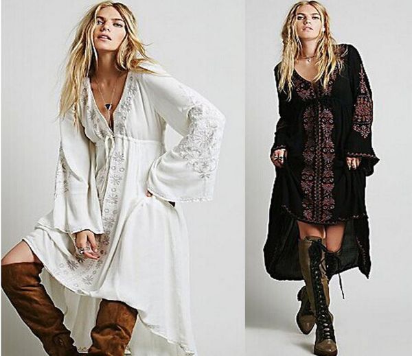 2019 Mulheres da primavera com baixa flor baixa flor bordada algodão túnica casual vestido longo hippie boho pessoas assimétricas maxi vestido t1919428918