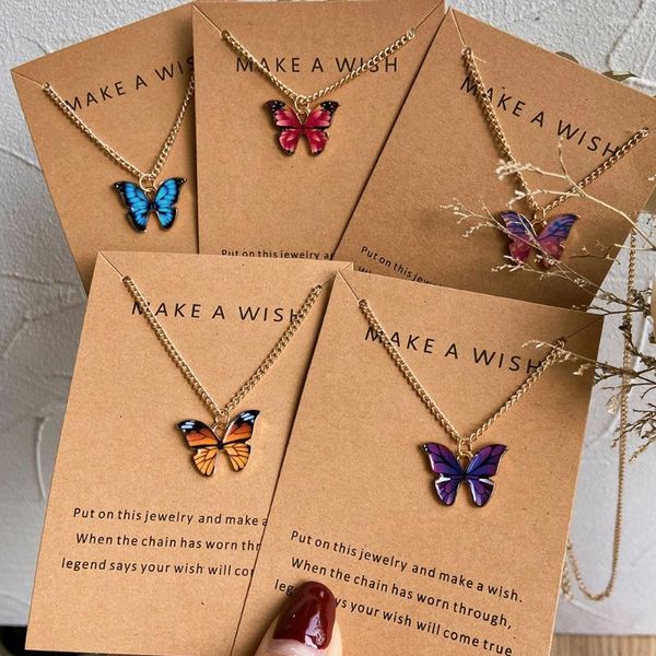 Colares pendentes Bohemia Coloful Oil Butterfly com cartão -presente Wish for Women Girls Vintage Clavicle Chain Colar Jewelry