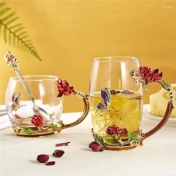 Tazze da tè floreale tazza di tè set acqua con cucchiaio in vetro caffè tazze office office caffè latte bevande regalo di compleanno