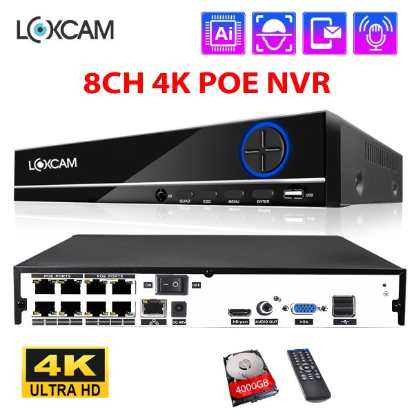 Kaydedici Loxcam H.265+ 8CH 4K CCTV Ağ Video Kaydedici Poe NVR AI Yüz Algılama 8MP 5MP 48V Güvenlik Video Gözetleme Kamerası