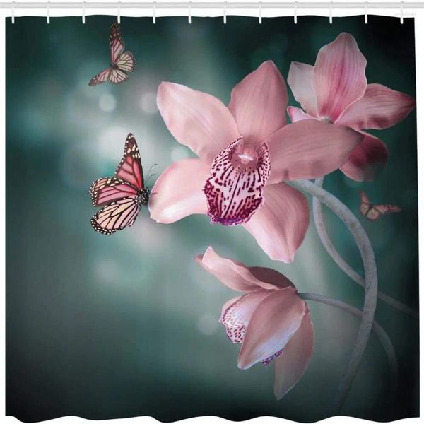 Duschvorhänge Modevorhang schöne Blumen mit Haken Orchidee und Schmetterlingsmuster wasserdichte Stoff Badezimmer Dekoration