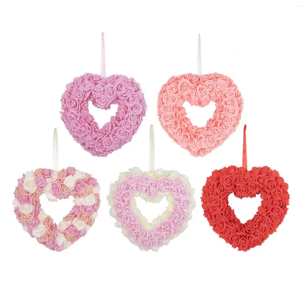 Fiori decorativi San Valentino Giornata a forma di cuore ghirlanda rosa artificiale floreale fatto a mano per veranda anteriore versatile robusta versatile