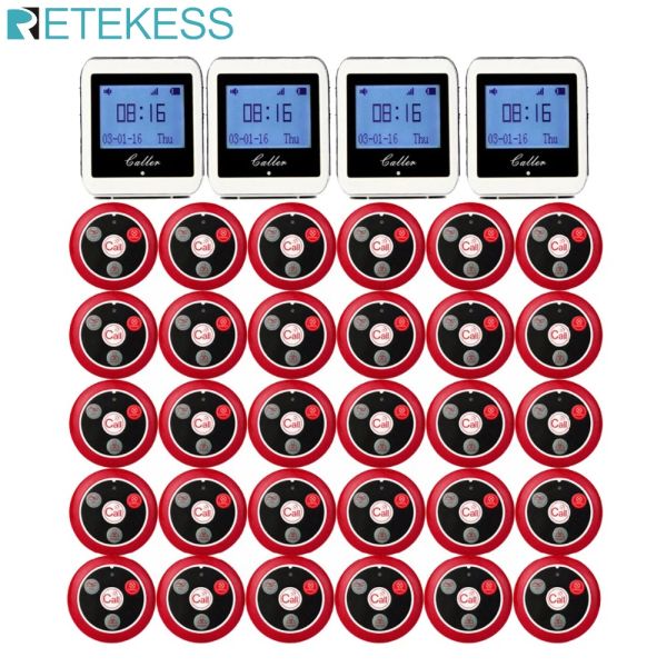 Accessoires Retekess Wireless Kellner Rufsystem für Restaurant Service Pager System Gast Pager 4 Uhrempfänger + 30 Anrufknopf F3288B