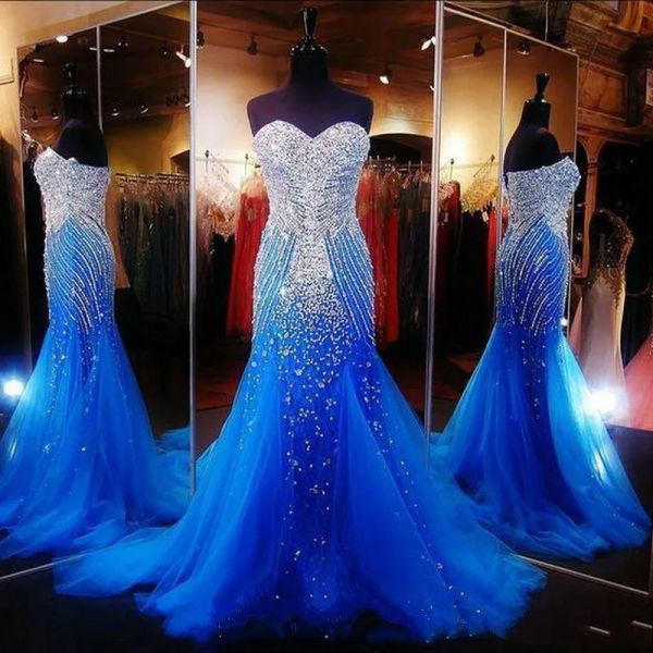 Vestidos 2023 Luxuros de sereia azul de luxo vestidos de baile longos e sem miçangas cristais de tule varrem vestidos de noite de festa formal feitos personalizados feitos personalizados
