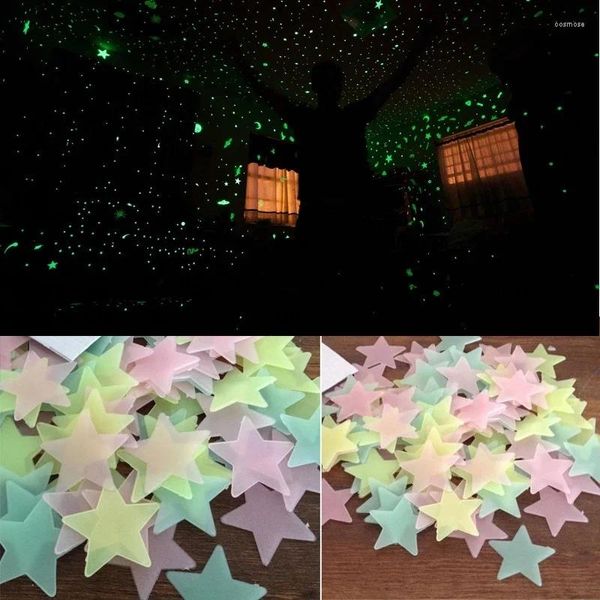 Fensteraufkleber 100pcs 3D -Stern -Wandaufkleber Energiespeicher Fluoreszenz Glühen im dunklen leuchtenden Kinderzimmer Living Decal